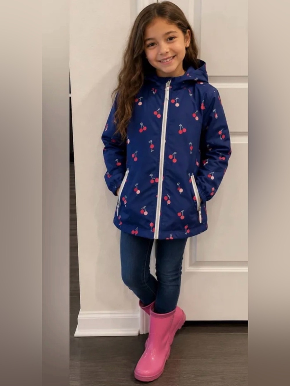 Hanna Andersson Jackets & Coats Navy Cherry-Print Hooded Rain Jacket Size 6-7
